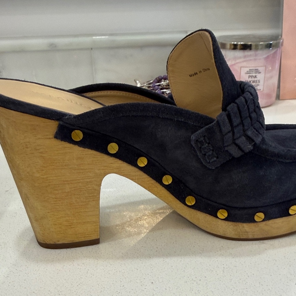 Veronica Beard Navy Suede Mules with Gold Accents - Picture 9 of 11